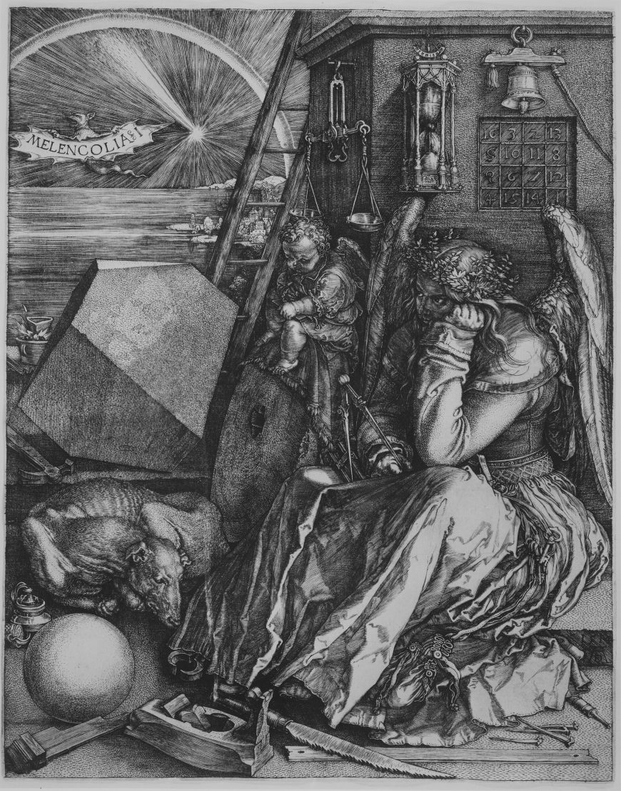Albrecht Dürer, Melencolia I (1514): a winged figure sits in melancholy among abandoned geometry tools, a polyhedron and a magic square.
