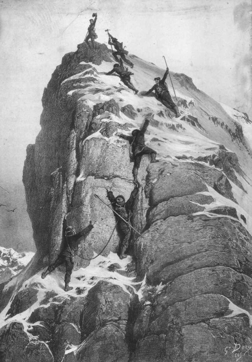 Gustave Doré engraving of the first ascent of the Matterhorn in 1865: seven climbers on a snowy rock ridge, the leader at the summit raising his hat while the others follow below him.