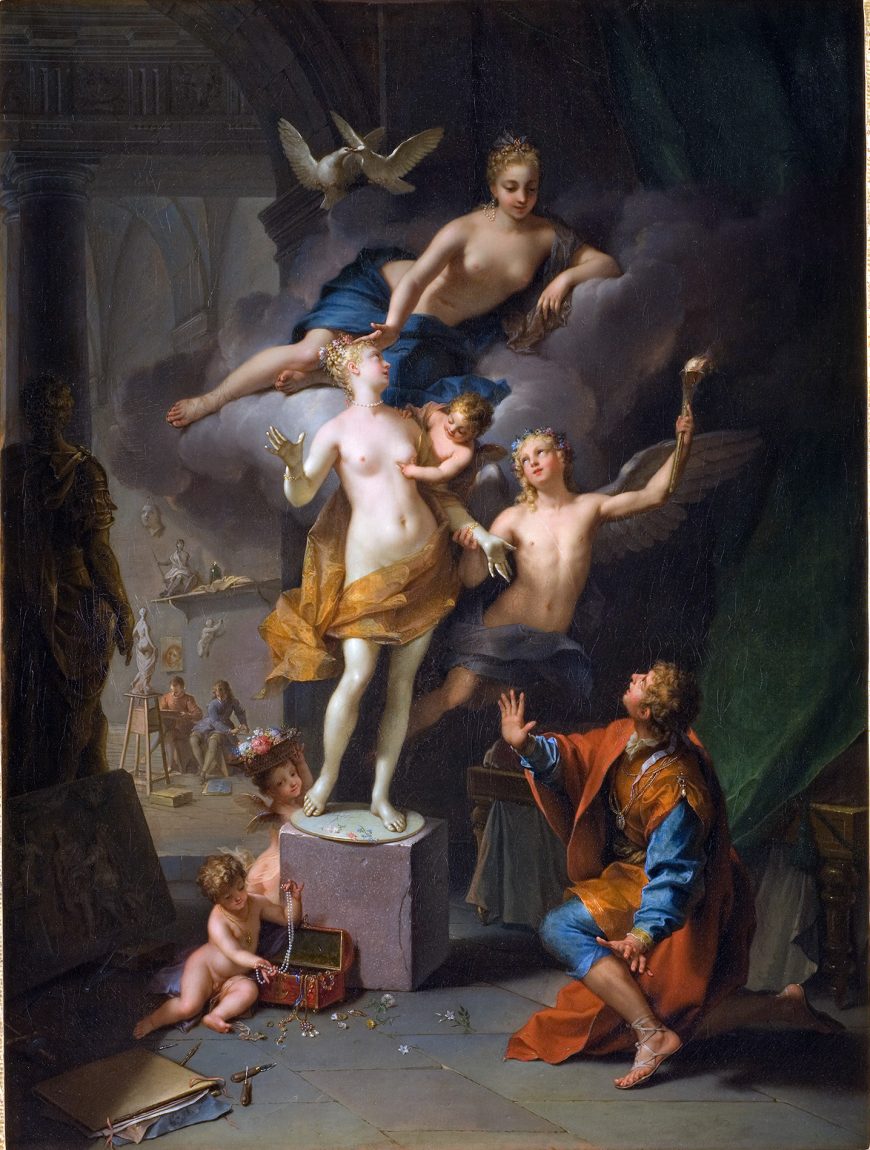 Pygmalion Adoring His Statue by Jean Raoux, 1717: the sculptor kneels in love before the ivory statue he created as it comes to life.