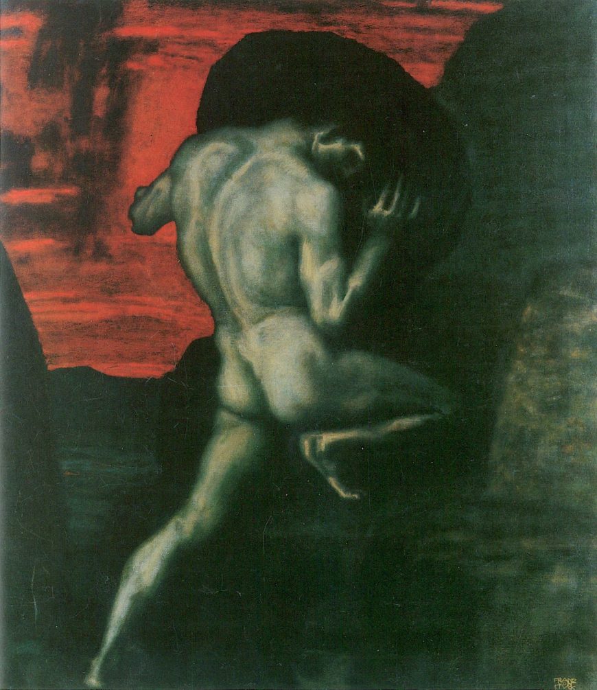 Sisyphus pushing his boulder uphill, painting by Franz von Stuck, 1920